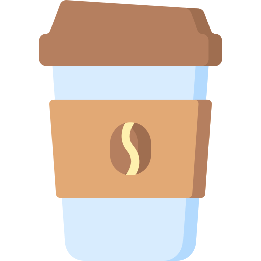 A coffee cup with a protective sleeve featuring a mocha bean.