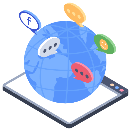 A globe hovering over a tablet device with speech bubbles protruding from different countries.