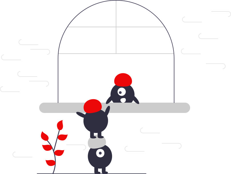 Three small black-ish round creatures with colored balls on their heads attempt to help each other into a low castle window.