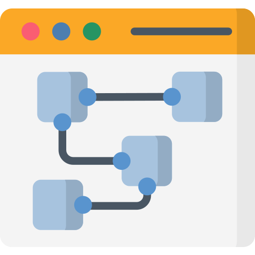 An internet browser with small grey boxes connected by wires in its viewport.