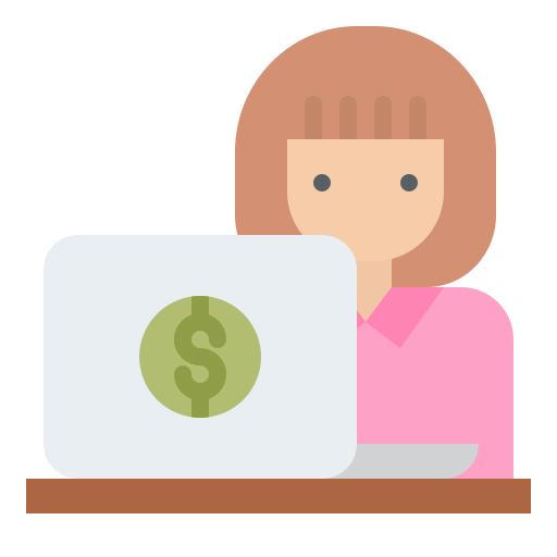A cartoon woman sits at a desk with a laptop which features a dollar sign as its branding logo.